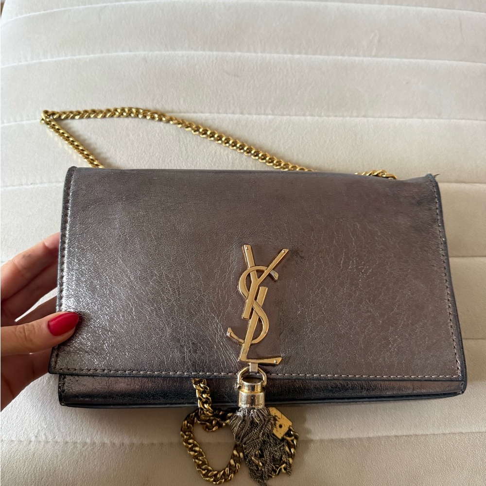 Saint Laurent Metallic Gunmetal Leather YSL Chain Crossbody
